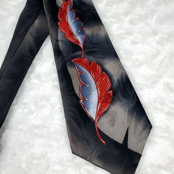 Tommy Bahama Feather Print Silk Tie Gray Red - Picture 4 of 8